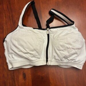 Victoria Secret VSX Sport Bra White w black Front zip and close Racerback Sz 38D